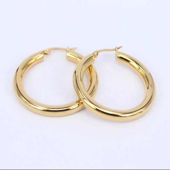 ¥NEW 18K YELLOW GOLD ROUND 1.2” Tube HOOP EARRINGS - Picture 6 of 6